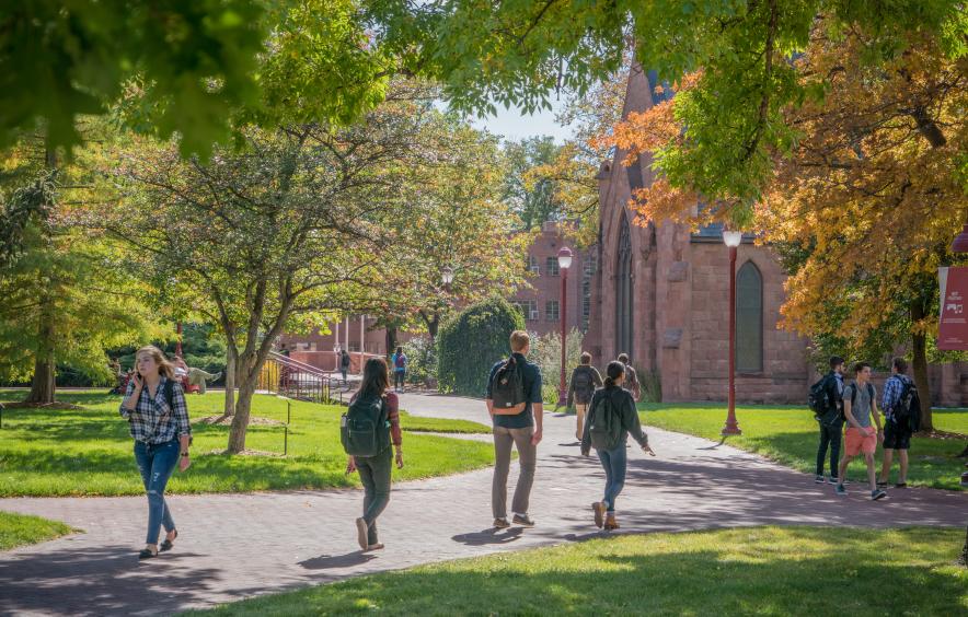 students walking on DU campus